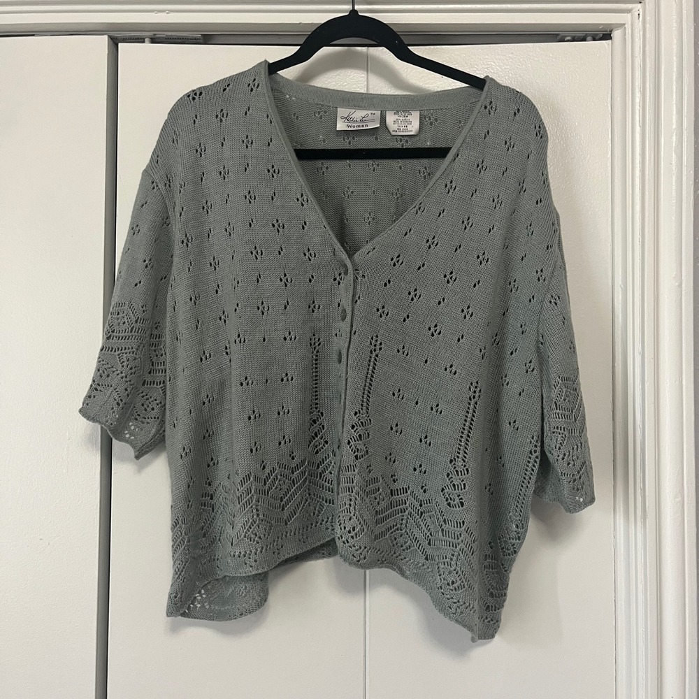 Kathie Lee Woman Gray Open Knit Cardigan‎ Sweater 26W 3/4 Sleeve V Neck